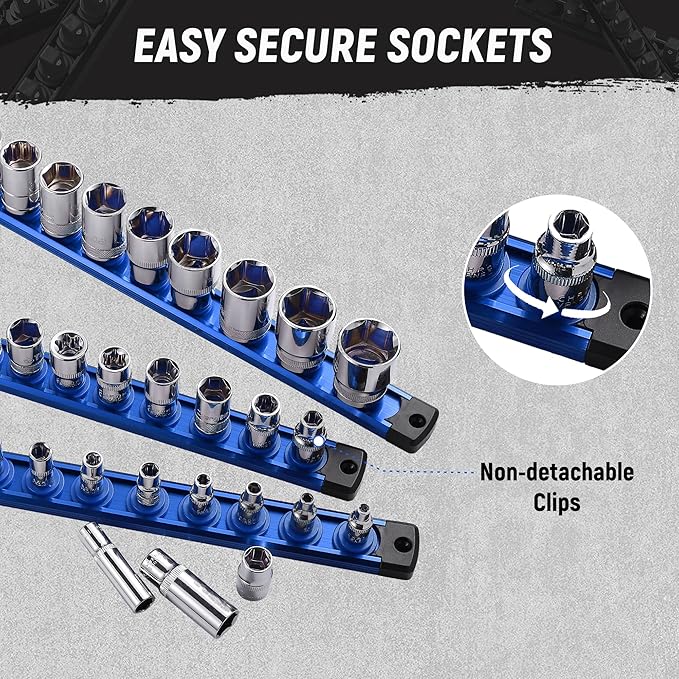 ALOANES Magnetic Socket Organizer, 1/4-Inch Drive Aluminum Socket Holder Socket Tray, Heavy Duty Socket Rail Organizer for Tool Box Drawer, 360°Swivel Clips Socket Rack 1/4-Inch x 14 Clips (Blue)