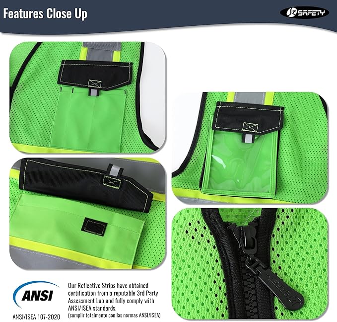JKSafety Hi Vis Reflective Safety Vests for Men Women High Visibility Vest with Pockets Mesh Fabric Construction Safety Apparel Neon Vest for Work (220-Green M)