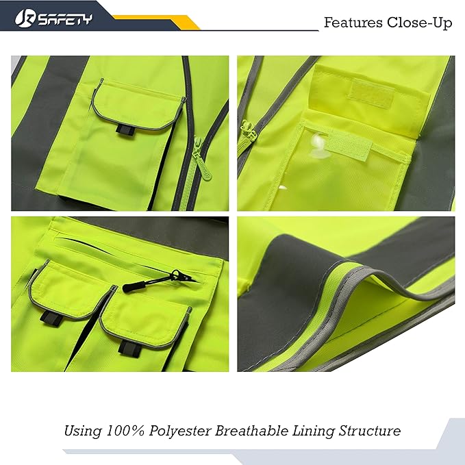 JKSafety 10 Pockets Class 2 High Visibility Zipper Front Yellow Safety Vest with High Reflective Strips Meets ANSI/ISEA Standards (3X-Large, 88-Yellow)