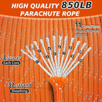 Reflective Paracord Rope 850Ib, 50/100/200/500/1000ft 4MM 11 Strand Strong Heavy-Duty Parachute Spool Cord, para Cord Lanyard for Clothsline, Hammock, Camping, Hiking, Survival, Orange 100FT