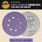 Dura-Gold Premium 40 Grit 5" Purple Film Ceramic Sanding Discs, 8-Hole Pattern, Box of 25 - Dustless Hook & Loop Backing Sandpaper for DA & Random Orbital Sanders - Sand Auto Paint, Wood, Woodworking
