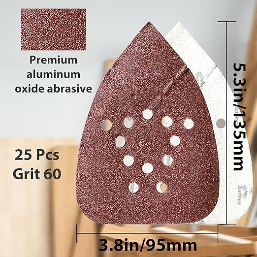 S&F STEAD & FAST Mouse Sander Sandpaper 60 Grit 25 Pack, Black and Decker Mouse Sander Pads, 12 Hole Hook and Loop Sanding Pads, Detail Palm Sand Paper Set with Tack Cloth