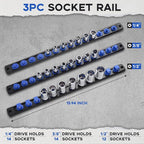 3-Piece Magnetic Socket Organizer, Heavy Duty Aluminum Socket Rails Organizer, 360° Swivel Clips Socket Holder Kit for Tool Box, 1/2, 3/8, 1/4-Inch Socket Holder x 40 Clips (Blue)