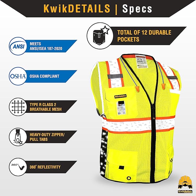 KwikSafety - BIG KAHUNA DIGITAL Safety Vest [LIMITED EDITION] Class 2 ANSI OSHA Reflective Vest Durable High Visibility Vest Construction Safety Vest for Men Industrial Work Gear/Yellow Large
