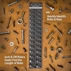 SST - Original Identibolt - Precise Threadchecker and Wall Mount - Imperial SAE and Metric Threads - 28 Nuts & Bolts Identifier - from #6 to ½ & 4mm to 14mm - in. and Cm. Rulers - Made in USA
