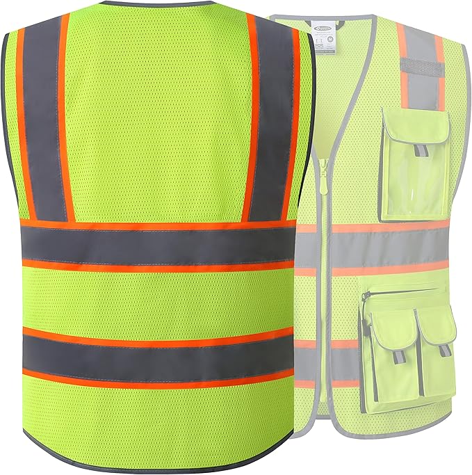 JKSafety 10 Pockets Hi-Vis Neon Color Frontal Zipper Mesh Safety Vest for Men Women Safety Utility for works Comply to ANSI/ISEA Class 2 (86-Yellow 3XL)