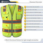 JKSafety 9 Pockets Hi-Vis Neon Yellow Zipper Front MESH Safety Vest with Fluorescent Orange Extend Edge outlining the Reflective Tapes Meet ANSI/ISEA Class 2 Standard (100-Yellow, L)