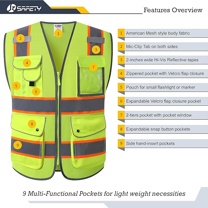 JKSafety 9 Pockets Hi-Vis Neon Yellow Zipper Front MESH Safety Vest with Fluorescent Orange Extend Edge outlining the Reflective Tapes Meet ANSI/ISEA Class 2 Standard (100 Yellow, M)