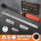 3/8-Inch Drive Torque Wrench, 6PCS Magnetic Spark Plug Socket Set with Torque Wrench 3/8 Drive (10-45 FT.LB/13.6-61 Nm), Includes Spark Plug Gap Tool, Universal Joint, 10” Extension Bar