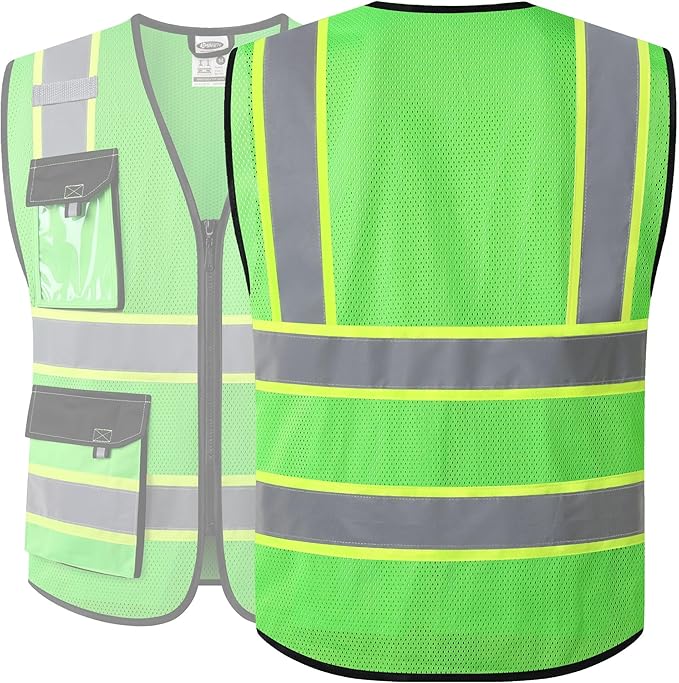 JKSafety Hi Vis Reflective Safety Vests for Men Women High Visibility Vest with Pockets Mesh Fabric Construction Safety Apparel Neon Vest for Work (220-Green XXL)
