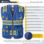 JKSafety 10 Pockets Hi-Vis Neon Color Frontal Zipper Mesh Safety Vest for Men Women Safety Utility for works Comply to ANSI/ISEA Standards (86-Blue 3XL)