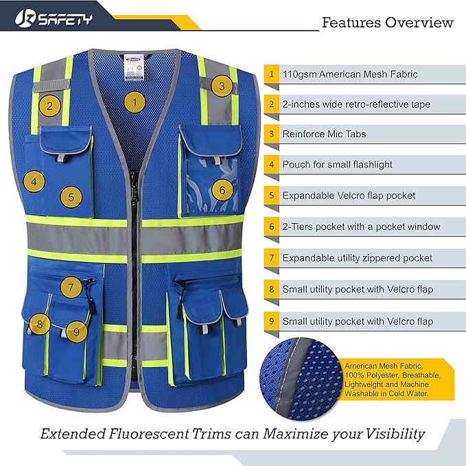 JKSafety 10 Pockets Hi-Vis Neon Color Frontal Zipper Mesh Safety Vest for Men Women Safety Utility for works Comply to ANSI/ISEA Standards (86-Blue XL)