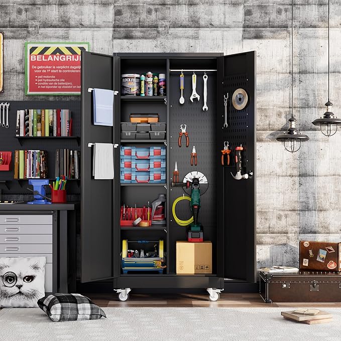 71" H Broom Storage Cabinet with Wheels and Doors,Rolling Tool Cabinet with Pegboard,Shelves and Rod for Garage Warehouse Home,Required Assembly,Black