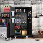 71" H Broom Storage Cabinet with Wheels and Doors,Rolling Tool Cabinet with Pegboard,Shelves and Rod for Garage Warehouse Home,Required Assembly,Black