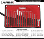 ARES 50005-16-Piece Punch and Chisel Set - Tapered, Pin, Center Punches & Cold Chisels for Various Applications