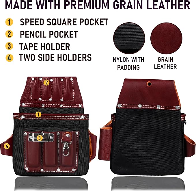 FUERI Tool Belt With Suspender Men Carpenter Pouches Construction Bags Electrician Belts Framer Worker Pouch Bag Holder Organizer 26 Pocket Nylon Leather Black Professional Set - Extra Large