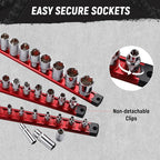 ALOANES Magnetic Socket Organizer Set, 6-Piece Heavy Duty Aluminum Socket Holder Socket Rail Organizer for Tool Box, 360° Swivel Clips Socket Rack 1/4, 3/8, 1/2-Inch x 80 Clips (RED)