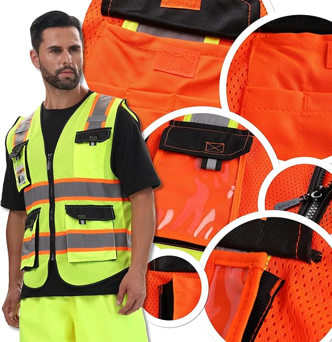 JKSafety Hi Vis Reflective Safety Vests for Men Women High Visibility Vest with Pockets Mesh Fabric Construction Safety Apparel Neon Vest for Work (220-Orange XXL)