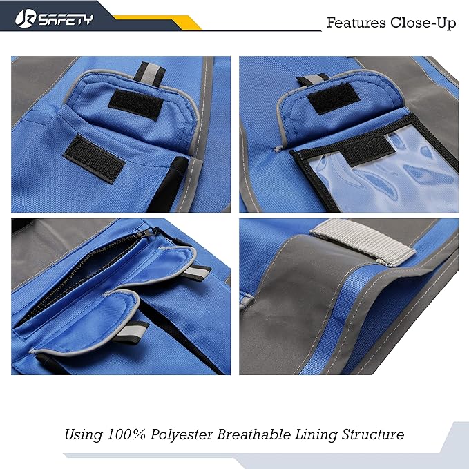 JKSafety 10 Pockets High Visibility Zipper Front Blue Safety Vest with High Reflective Strips Meets ANSI/ISEA Standards (Medium, 88-Blue)