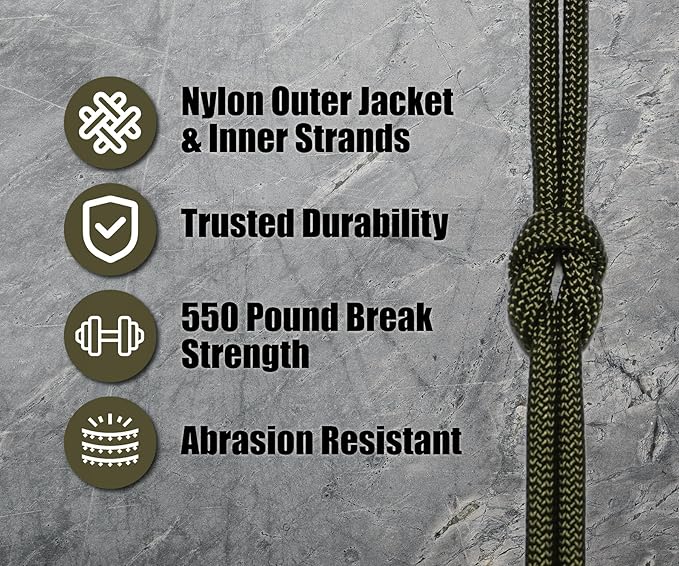 BORED? PARACORD! 550 lb Paracord - Ideal for Crafting, Camping, DIY Projects, Active & Military Outdoors - Strong Survival Rope - Tactical Parachute Cord Type III - Olive Drab Green 50 Feet