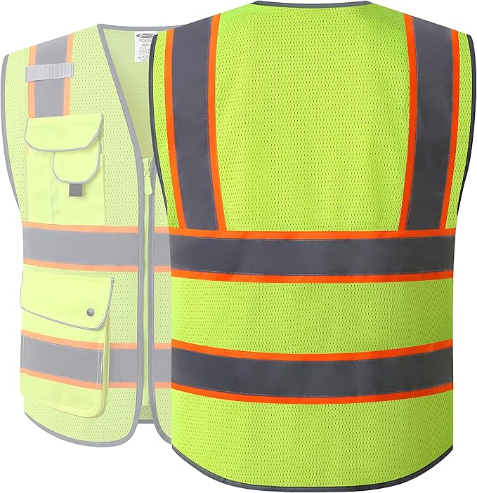 JKSafety 9 Pockets Hi-Vis Neon Yellow Zipper Front MESH Safety Vest with Fluorescent Orange Extend Edge outlining the Reflective Tapes Meet ANSI/ISEA Class 2 Standard (100-Yellow, 5XL)