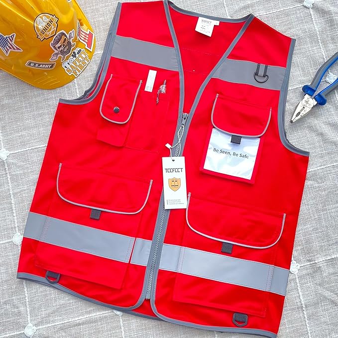 TCCFCCT Reflective Vest 9 Pockets High Visibility Safety Vest for Men Women, Hi Vis Construction Vest with Reflective Strips, Meets ANSI/ISEA Standards, (Red, Small)