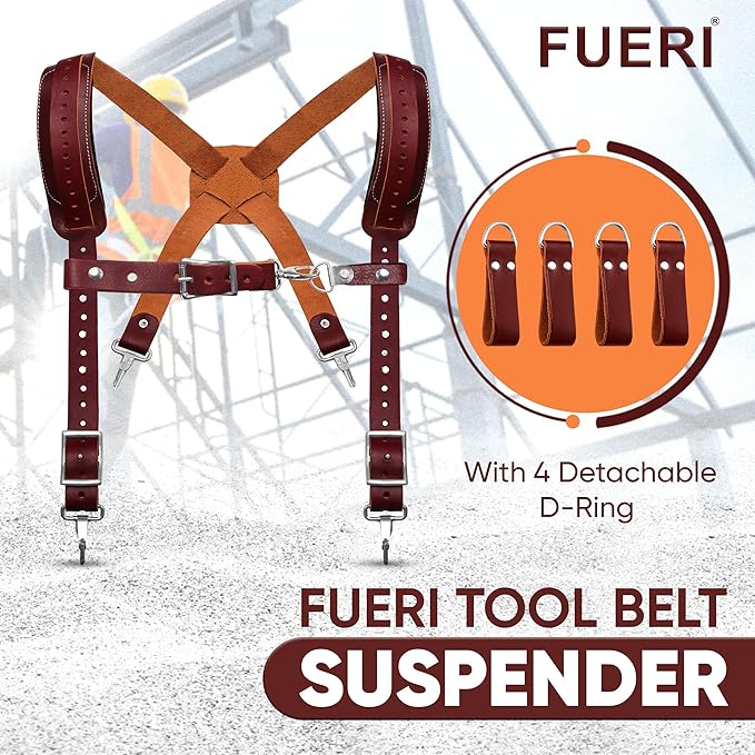 FUERI Leather Tool Belt Suspenders for Carpenters Construction Electricians Framers Bags Pouches Holder Organizer Set(16 Pocket Maroon Tool Belt Set, Adjustable)