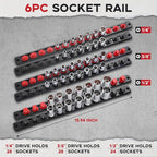 6-Piece Magnetic Socket Organizer, Heavy Duty Aluminum Socket Rails Organizer, 360° Swivel Clips Socket Holder Kit for Tool Box, 1/2, 3/8, 1/4-Inch Socket Holder x 80 Clips (Red&Black)