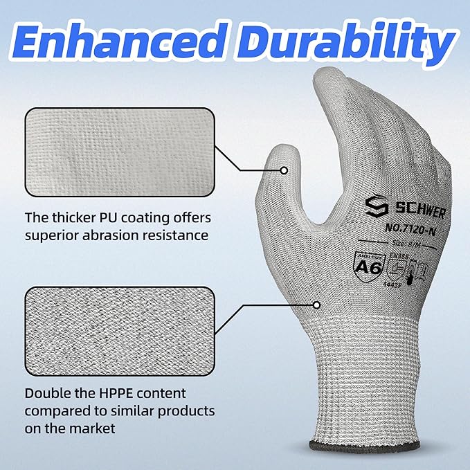 Schwer 12 Pairs ANSI A6 Cut Resistant Gloves CR7120 Cut Proof Work Gloves, Touchscreen, for Men and Women Used for Woodworking, Glass Cutting, Construction, Cargo Handling, Car Repair, XL