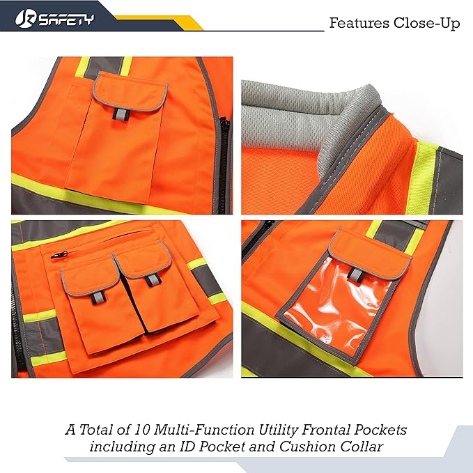 JKSafety 10 Pockets Class 2 Hi-Vis Zipper Front Safety Vest | Cushioned Collar | High Reflective Tapes with Extended Neon Yellow Strips | Meets ANSI/ISEA Standards (Medium, 89-Orange)