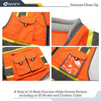 JKSafety 10 Pockets Class 2 Hi-Vis Zipper Front Safety Vest | Cushioned Collar | High Reflective Tapes with Extended Neon Yellow Strips | Meets ANSI/ISEA Standards (X-Large, 89-Orange)