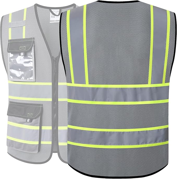 JKSafety Hi Vis Reflective Safety Vests for Men Women High Visibility Vest with Pockets Mesh Fabric Construction Safety Apparel Neon Vest for Work (220-Grey 5XL)