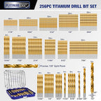 276pc Titanium Twist Drill Bit Set with S2 Bits 135° Tip High Speed Steel, Size from 1/16" up to 1/2", Ideal in Wood Cast Iron Aluminum Alloy Plastic Fiberglass, Clear Lid Case