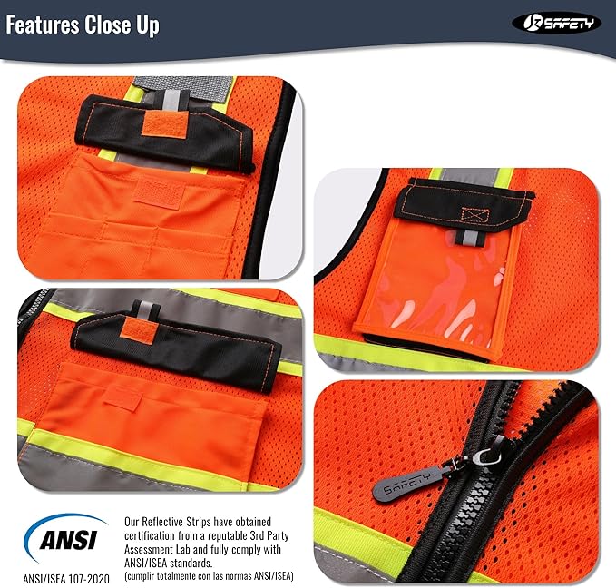 JKSafety Hi Vis Reflective Safety Vests for Men Women High Visibility Vest with Pockets Mesh Fabric Construction Safety Apparel Neon Vest for Work (220-Orange M)