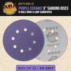 Dura-Gold Premium 60 Grit 5" Purple Film Ceramic Sanding Discs, 8-Hole Pattern, Box of 25 - Dustless Hook & Loop Backing Sandpaper for DA & Random Orbital Sanders - Sand Auto Paint, Wood, Woodworking