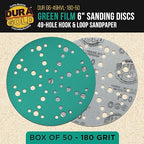 Dura-Gold Premium 180 Grit 6" Green Film Sanding Discs, 49-Hole Pattern, Box of 50 - Heavy-Duty Dustless Hook & Loop Backing Sandpaper for DA & Random Orbital Sanders, Sand Auto Paint, Wood Furniture