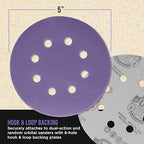 Dura-Gold Premium 220 Grit 5" Purple Film Ceramic Sanding Discs, 8-Hole Pattern, Box of 50 - Dustless Hook & Loop Backing Sandpaper for DA & Random Orbital Sanders - Sand Auto Paint, Wood, Woodworking