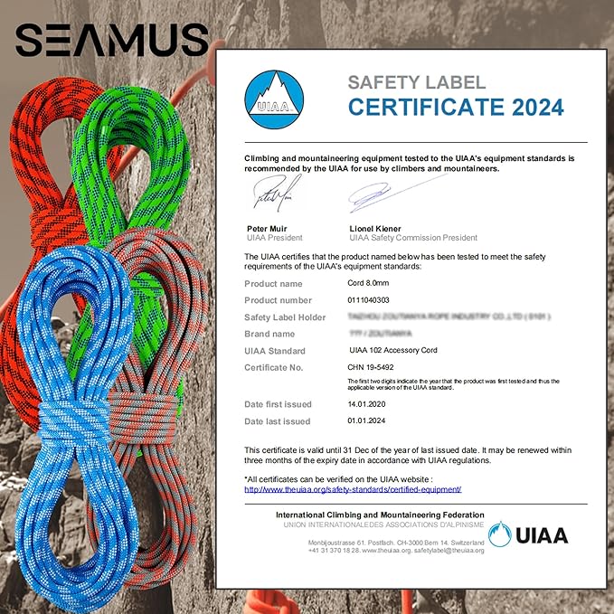SEAMUS 8mm Prusik Accessory Cord 30M (100ft) UIAA Rock Climbing Rope 16Kn High Tensile Strength Rock Climbing Accessories Cord Double Braid Nylon Cord for Mountain Tree Climbing,Fire Rescue