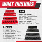 8Pcs Magnetic Socket Organizer Set, 1/2", 1/4" and 3/8" SAE & Metric Deep & Shallow Tools Tray Holder Kit, holds 199pcs Sockets (sockets not included) (8PC 1/2&3/8&1/4)