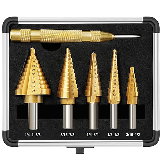 BeHappy Step Drill Bit Set, 5Pcs Titanium Step Drill Bit Set, High Speed Steel Step Drill Bits with Automatic Center Punch for Sheet Metal, Wood, Plastic, 50 Sizes with Aluminum Case for DIY