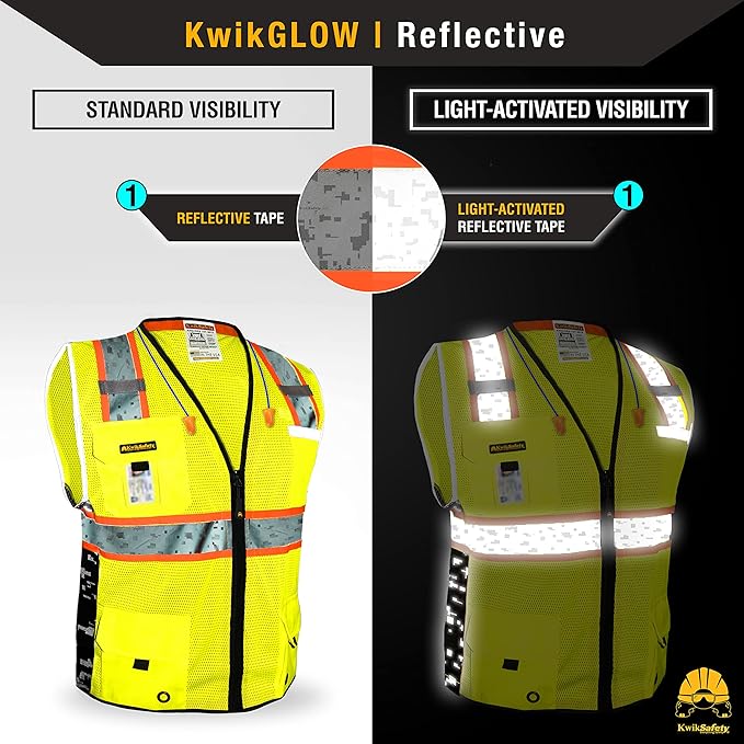 KwikSafety - BIG KAHUNA DIGITAL Safety Vest [LIMITED EDITION] Class 2 ANSI OSHA Reflective Vest Durable High Visibility Vest Construction Safety Vest for Men Industrial Work Gear/Yellow Medium