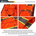 JKSafety 9 Pockets Hi-Vis Reflective Safety Vest | Mesh Fabric | Fluorescent Orange Color with Neon Yellow Extended Trims | ANSI/ISEA Compliance (100-Orange, XL)