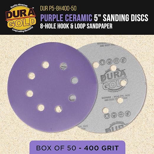 Dura-Gold Premium 400 Grit 5" Purple Film Ceramic Sanding Discs, 8-Hole Pattern, Box of 50 - Dustless Hook & Loop Backing Sandpaper for DA & Random Orbital Sanders - Sand Auto Paint, Wood, Woodworking