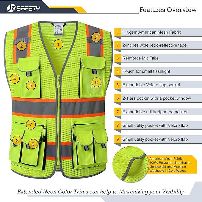 JKSafety 10 Pockets Hi-Vis Neon Color Frontal Zipper Mesh Safety Vest for Men Women Safety Utility for works Comply to ANSI/ISEA Class 2 (86-Yellow L)