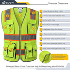 JKSafety 10 Pockets Hi-Vis Neon Color Frontal Zipper Mesh Safety Vest for Men Women Safety Utility for works Comply to ANSI/ISEA Class 2 (86-Yellow L)