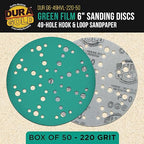 Dura-Gold Premium 220 Grit 6" Green Film Sanding Discs, 49-Hole Pattern, Box of 50 - Heavy-Duty Dustless Hook & Loop Backing Sandpaper for DA & Random Orbital Sanders, Sand Auto Paint, Wood Furniture