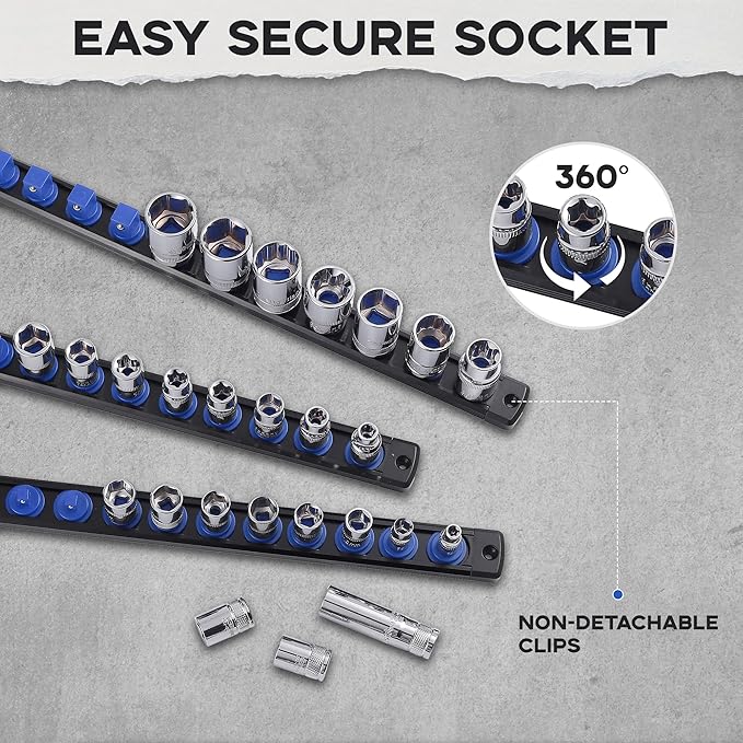 1/4-Inch Drive Magnetic Socket Organizer, Heavy Duty Aluminum Socket Rail Organizer, 360° Swivel Clips Socket Holder Kit for Tool Box, 1/4-Inch Socket Holder x 14 Clips (Blue)
