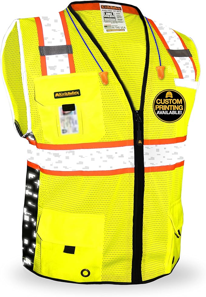 KwikSafety - BIG KAHUNA DIGITAL Safety Vest [LIMITED EDITION] Class 2 ANSI OSHA Reflective Vest Durable High Visibility Vest Construction Safety Vest for Men Industrial Work Gear/Yellow Medium