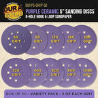 Dura-Gold Premium 5" Purple Film Ceramic Sanding Discs, 8-Hole Pattern, 50 Disc Variety Pack, Grits 60, 80, 120, 180, 220, 320, 400, 600, 800, 1000 - Hook & Loop Sandpaper, DA & Random Orbital Sander
