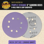 Dura-Gold Premium 2000 Grit 5" Purple Film Ceramic Sanding Discs, 8-Hole Pattern, Box of 50 - Dustless Hook & Loop Backing Sandpaper for DA & Random Orbital Sanders - Detail Color Sand Auto Paint Wood